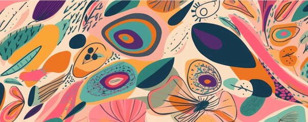 Naklejka na meble Hand drawn cartoon style floral doodle abstract shapes print. Creative colorful collage pattern. Trendy template for design, Generative AI
