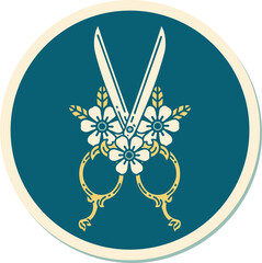 Wall Mural - sticker of tattoo in traditional style of barber scissors and flowers