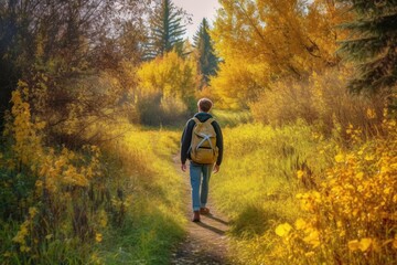 Wall Mural - young man walking in autumn with his backpack on forest path Generative AI