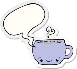 Wall Mural - cartoon hot cup of coffee with speech bubble sticker