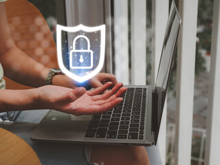 Wall Mural - businessman showing cyber security shield networking, finance, marketing, personal information that 