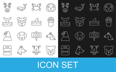 Set line Bear head, Horse, Paw print, Crab, Cute panda face, Whale tail ocean wave, Deer with antlers and Shark fin icon. Vector