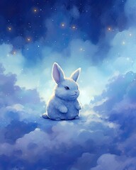 Wall Mural - dreamy and ethereal watercolor print of a rabbit surrounded by floating clouds and stars. soft pastel shades and gentle brushstrokes to create a sense of tranquility and enchantment