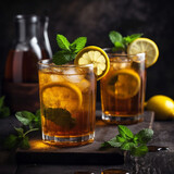 Iced tea with lemon slices and mint on rustic background. Generative AI