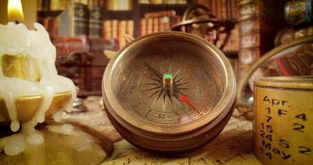 Wall Mural - Vintage style travel and adventure. Vintage old compass and other vintage items on the table.