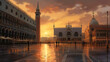 VENICE, ITALY, SUNSET, A panoramic view of the famous lagoon at Piazza San Marco. Generative Ai