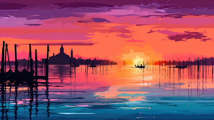 Wall Mural - Sunset in venice lagoon italy, bright color. Generative Ai