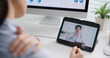 © ChayTee - Asia people young woman worker work at home job video call telemedicine online clinic app for workforce care meet chat or tele consult to doctor remote advice teach to relax stiff neck or wrist pain.
