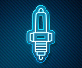 Wall Mural - Glowing neon line Car spark plug icon isolated on blue background. Car electric candle. Vector