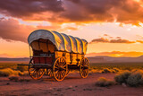 Fototapeta  - Traditional covered wagon at sunset deserted, old prairie schooner with a beautiful sunset background. Generative AI