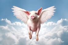 Ein Schwein Mit Flügeln, Das über Den Blauen Himmel Fliegt, A Pig With Wings Flying Above The Blue Sky,