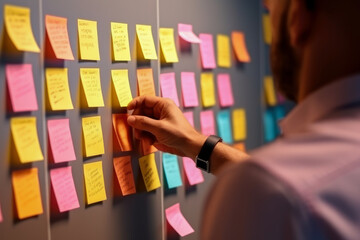 man putting on sticky note on wall, strategic business planning, very organized thinking. generative