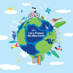 World Environment Day background with people caring for the earth, animals and plants centered around the blue earth