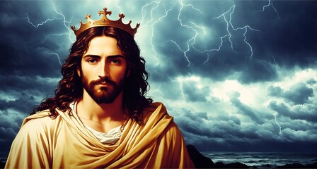 Jesus with a crown of thorns on his head, standing on a beach with a stormy sky in the background