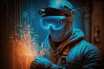 Wall Mural - Man wearing virtual reality goggles and holding tablet computer. Futuristic technology concept
