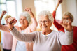 © MVProductions - Elderly women doing exercise in the nursing home, senior movement and recreation, never too old for working out. Generative AI