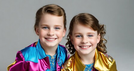 Two young girls wearing colorful clothing and smiling for the camera. 