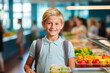 © MVProductions - Happy elementary school boy having a healthy lunch and smiling at table in school cafeteria. Generative AI