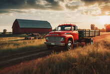 An Old Red Truck Is Parked On The Road Of An Agricultural Farm In Front Of A Barn. Sunset With Clouds, Generative AI