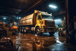 yellow Dump Truck being parcked at a repair garage at night during a rainstorm , Generative AI