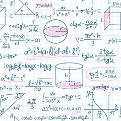 Math formulas. Lined sheet in cage, geometric drawings and theorems, student notebook with school calculations, vector seamless pattern
