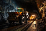 Fototapeta  - underground loader works in a mine tunnel. Dusty and humid with low light, Generative AI