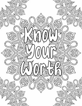Printable mandala coloring sheet for adults and kids with positive affirmation words for self-love