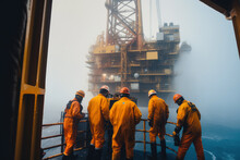 Offshore Oil Production Platform Conducts Routine Maintenance And Inspections. Misty With Calm Seas In Morning, Generative AI
