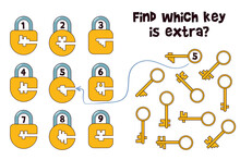 Find Which Key Is Extra. Matching Game. Educational Game For Children. Attention Task. Find The Correct Shadow. Choose Correct Answer. Find The Missing Piece Of Picture. Isolated On White Background