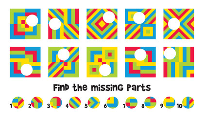 Wall Mural - Find the missing parts. Matching game. Educational game for children. Attention task. Choose correct answer. Find the missing piece of the picture. Vector illustration. Isolated on white background