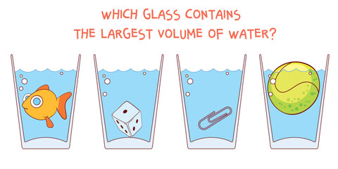 Wall Mural - Which glass contains the largest volume of water. Educational game for children. Choose correct answer. Logic game. Cartoon characters. Funny vector illustration. Isolated on white background