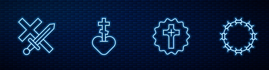 Wall Mural - Set line Christian cross, Crusade, Religious in heart and Crown of thorns. Glowing neon icon on brick wall. Vector