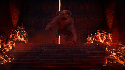 Sticker - Digital 3d Illustration of a giant demon creature guarding a massive gate in a fiery underworld environment - fantasy illustration