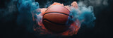 Fototapeta  - basketball with vibrant blue smoke swirling around it in a dynamic action shot, artistic and original sport banner, AI