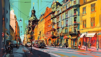 Naklejka na meble A sun-drenched city, vibrant and full of life, its streets adorned with colorful facades and bright flowers, the sunlight casting playful shadows that dance across the architecture.