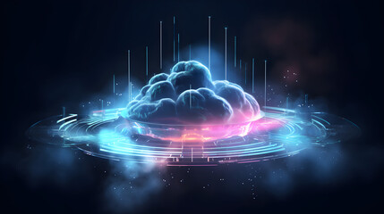 Digital informational technology web futuristic hologram with cloud icon, blue golden light digits and code background, cloud computing. Abstract Motion of digital data flow. Generative AI