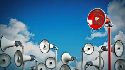 Red megaphone covering higher ground stands out among others. 3D illustration