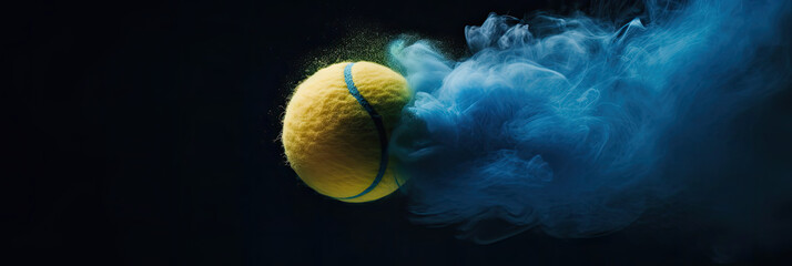 Wall Mural - graphic tennis banner, illustration of a tennis ball surrounded by a vibrant cloud of blue smoke, blu and yellow contrast, AI