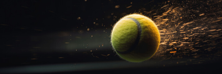 tennis ball in mid-air during a game, speed effect, isolated on black background, AI