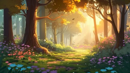 Wall Mural - Abstract background forest. Picture the tranquility of the forest with this breathtaking artwork featuring abstract backgrounds and artfully crafted banners. Generative AI.