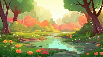 Wall Mural - abstract background forest with river. an enchanting illustration of a forest with a flowing river, 