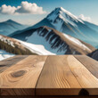 Selective focus, Wood table top on soft focus peak of mountain background. For montage product display. generative ai.