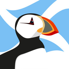 Wall Mural - Atlantic puffin head with Scottish flag, flat vector illustration. North fauna, wildlife. Red Book bird.  Arctic shore seabird, ocean coast inhabitants.