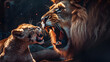 Lion and cub roaring in duel