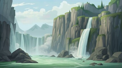 Wall Mural - abstract background waterfall in jungle forest. illustration of a majestic waterfall in a vibrant ju