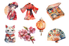 Japan Clipart. Japanese Motives Elements Isolated On A Transparent Background. Png File With Sakura Blossom, Folding Fan, Lantern, Geisha, Bento Box.