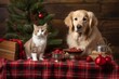 © AI Visual Vault - Illustration of a heartwarming scene of a dog and a cat sitting together in front of a beautifully decorated Christmas tree created with Generative AI technology