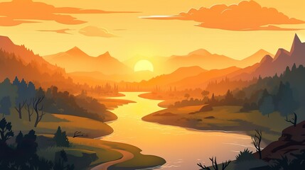 Wall Mural - background sunset in the river valley. this illustration features a scenic river valley and sunset. 