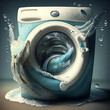 Washing machine in a washing machine.  The washing machine dissolves in water. Washing machine drum with clean water flow and splashes. Laundry, washing powder concept. Generative AI
