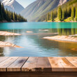 Selective focus, Wood table top on soft focus lake and mountain background. For montage product display. generative ai.